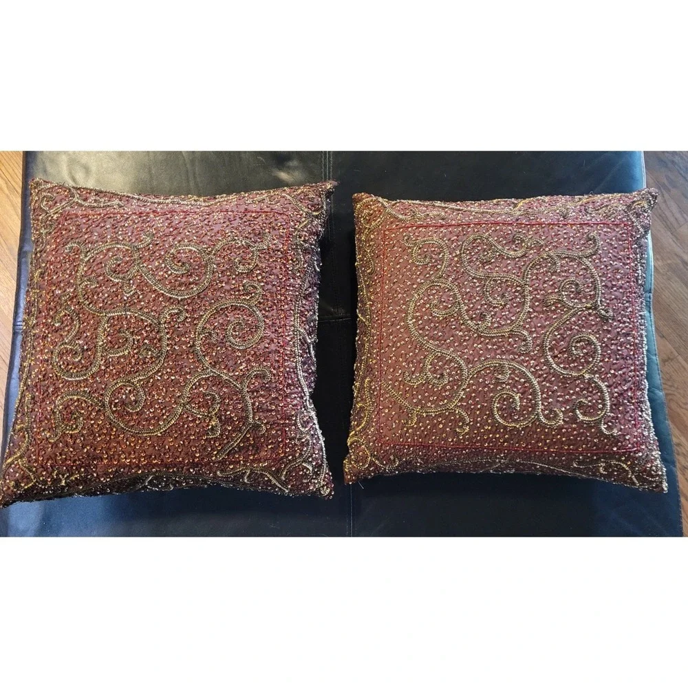 Set of 2 Z Gallerie DUCK & DOWN Beaded Textured Bohemian Square Pillow 16x16 - Picture 2 of 7